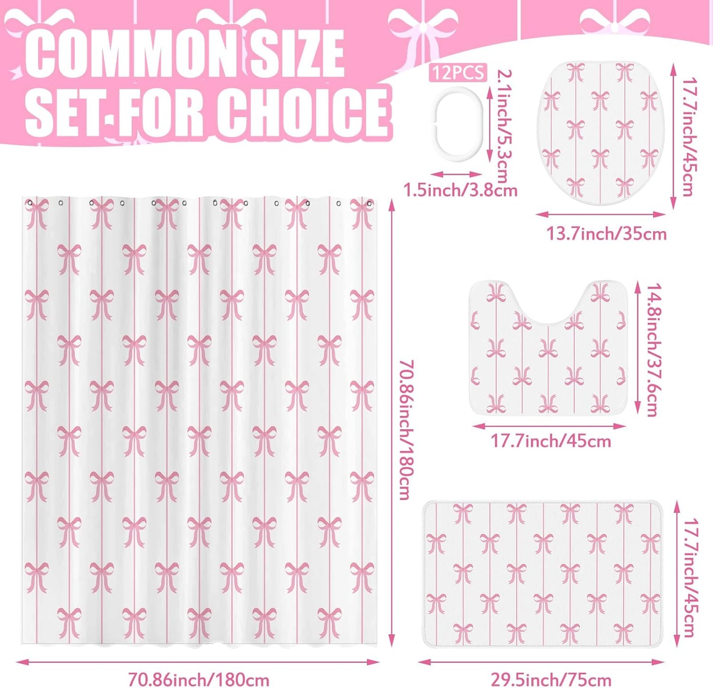 4 Pcs Bow Shower Curtain Set Cute Coquette Bathroom Decor Bow Knot Aesthetic Girly Shower Curtain Set with Non-Slip Rug Toilet Lid Cover Bath Mat and 12 Hooks(White Background,Pink)