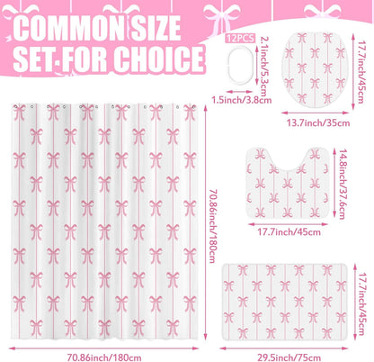 4 Pcs Bow Shower Curtain Set Cute Coquette Bathroom Decor Bow Knot Aesthetic Girly Shower Curtain Set with Non-Slip Rug Toilet Lid Cover Bath Mat and 12 Hooks(White Background,Pink)
