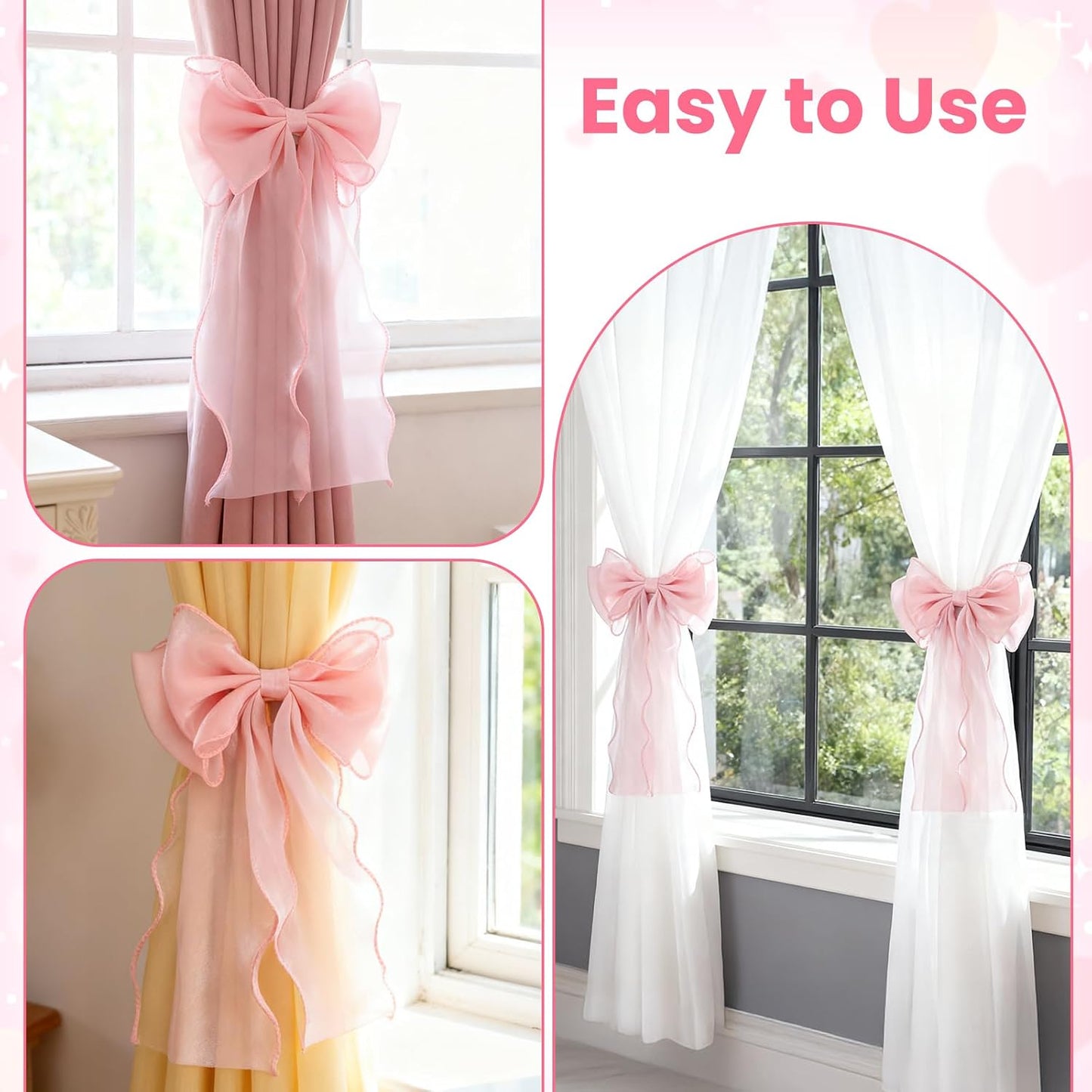 2 Pack Bow Curtains, Pink Bow Room Decor French Silk Holdbacks Bow-Curtain Tiebacks, Elegant Decorative Curtain Strap for Home Bedroom Offices Dining Rooms Wedding Party Décor (Pink)