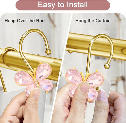 Shower Curtain Hooks,12Pcs Rust Resistant Glitter Crystal Butterfly Metal Decorative Shower Rings Hangers for Bathroom Curtains, Clothing, Towels (Pink)