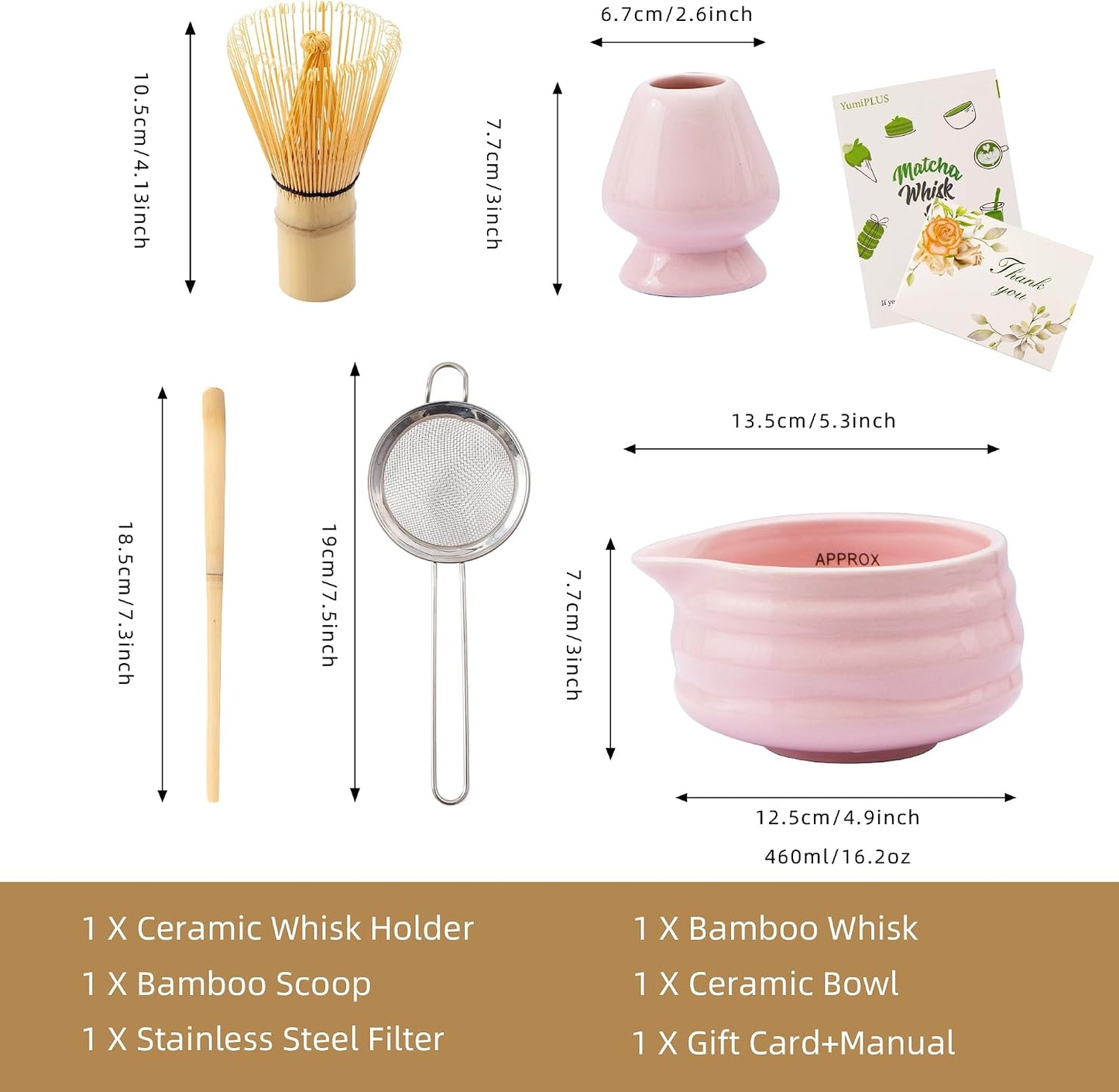 5pcs Premium Matcha Set,Ceramic Bowl with Spout and Bamboo Whisk set, Ceremonical Matcha Kit for breakfast/latte,Tea Starter Making Kit,Unique Matcha Gift set (pink)