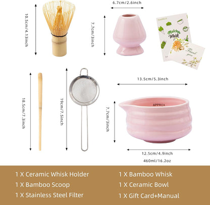 5pcs Premium Matcha Set,Ceramic Bowl with Spout and Bamboo Whisk set, Ceremonical Matcha Kit for breakfast/latte,Tea Starter Making Kit,Unique Matcha Gift set (pink)