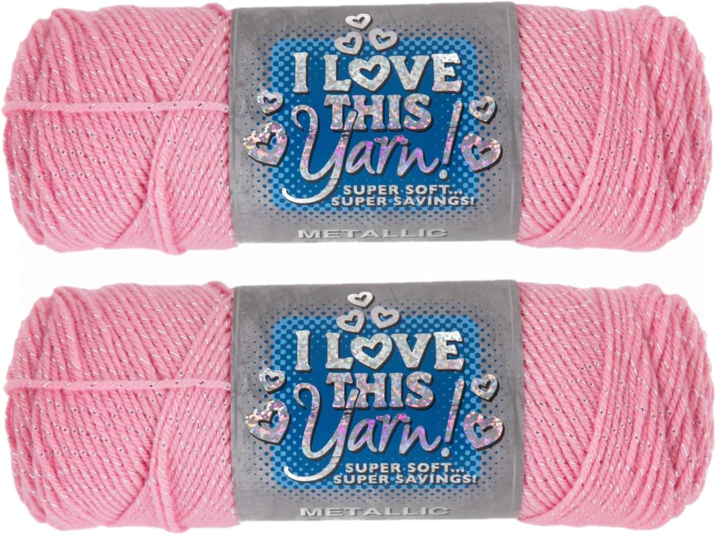 Hobby Lobby Metallic I Love This Yarn - 4 Medium 97% Acrylic & 3% Metallic Polyester Yarn for Crocheting & Knitting Blankets, Hats & Accessories, Set of 2, 750 Pink Toes
