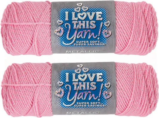Hobby Lobby Metallic I Love This Yarn - 4 Medium 97% Acrylic & 3% Metallic Polyester Yarn for Crocheting & Knitting Blankets, Hats & Accessories, Set of 2, 750 Pink Toes