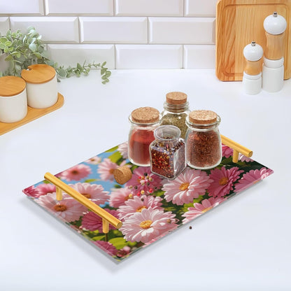 Summer Pink Daisies Decorative Large Tray with Handles Plastic Serving Tray for Jewelry Perfume for Dinner Serving bandejas para desayuno decorativas