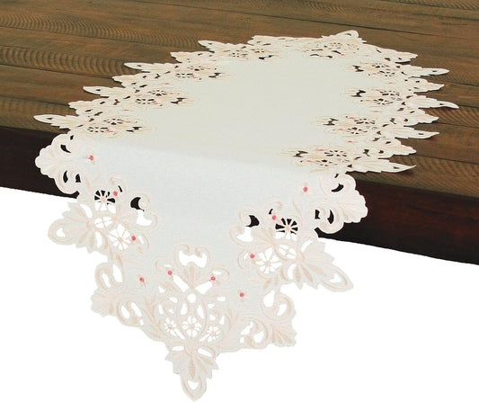 Victorian Lace Embroidered Cutwork Table Runner, 16 by 34, Pink