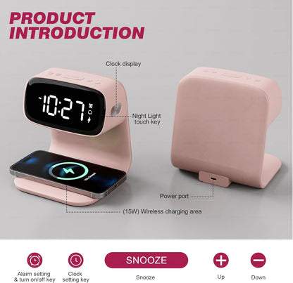 YIDPU Digital Alarm Clock with Wireless Fast Charging Station 15W Touch Smart Lamp for Bedside,3 Colors Nightlight Adjustment Night Lamp for Living Room,Bedside,Heavy Sleepers