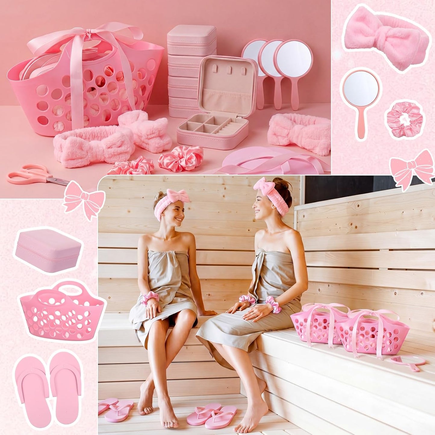 SiliFine 36 Pcs/ 6 Set Spa Sleepover Pink Party Favors Supplies for Girls Kit, Includes Storage Basket, Disposable Slipper, Mirror, Hair Tie, Headband, Jewelry Box, Ribbon for Birthday Graduation Gift