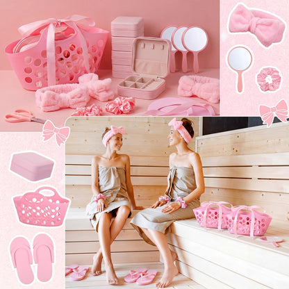 SiliFine 36 Pcs/ 6 Set Spa Sleepover Pink Party Favors Supplies for Girls Kit, Includes Storage Basket, Disposable Slipper, Mirror, Hair Tie, Headband, Jewelry Box, Ribbon for Birthday Graduation Gift