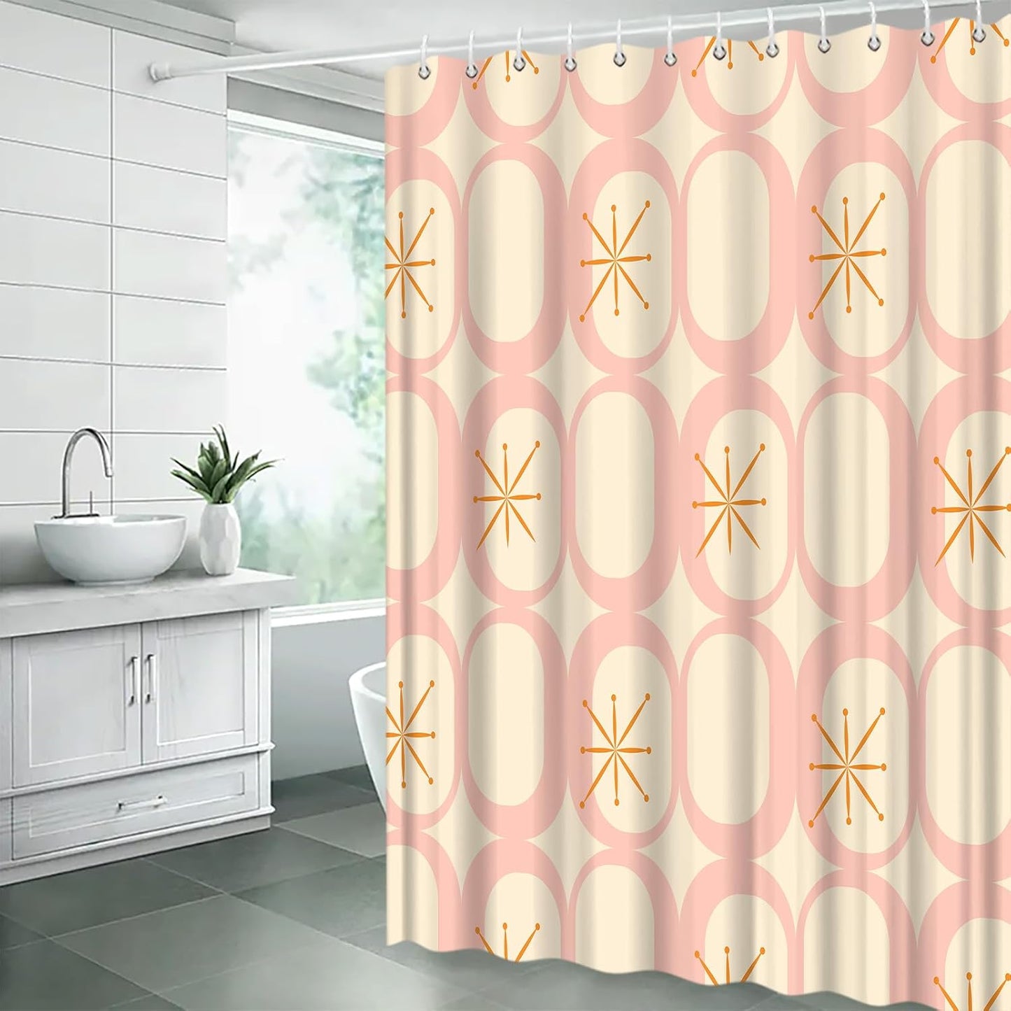 Mid Century Shower Curtain Modern Abstract Atomic Round Squares Retro 50s Geometric Bathroom Decor Polyester Curtains with Hooks