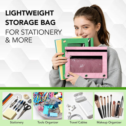 Pencil Pouch for 3 Ring Binder, Heavy Duty Canvas Dual Zipper Pen Bag with Clear Window, Smooth Metal Zipper, Fit Standard 3-Ring Binders for School Office Travel Supplies (Pink)