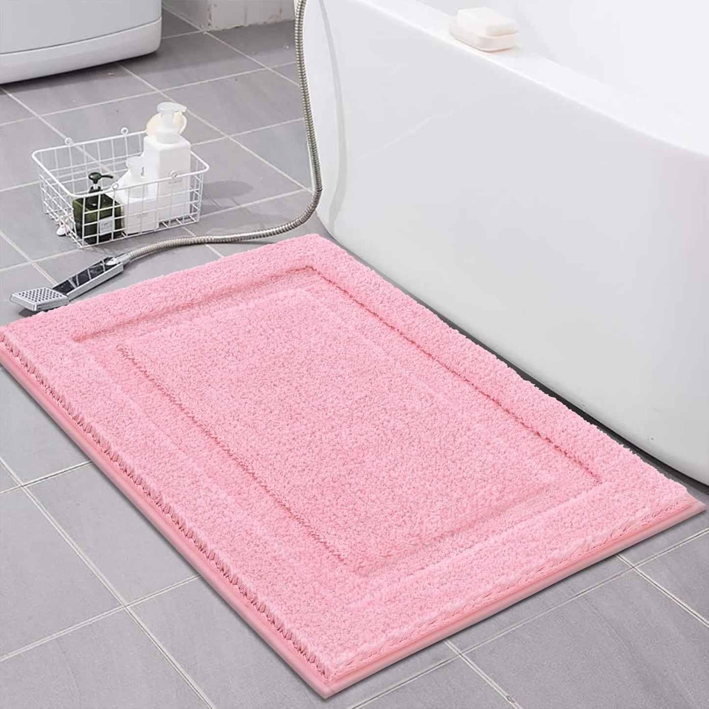 SHACOS Super Soft Small Bathroom Rugs 16x24 inch Non Slip Washable Bath Rugs Microfiber Bath Mats for Bathroom Floor Tub Shower Vanity Sink Decor Accessories, Pink 1'4" x 2'