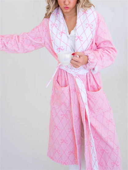 Women Valentine Plush Robe Cute Bow Heart Long Sleeve Shawl Collar Belted Fuzzy Bathrobe Holiday Soft Warm Loungewear