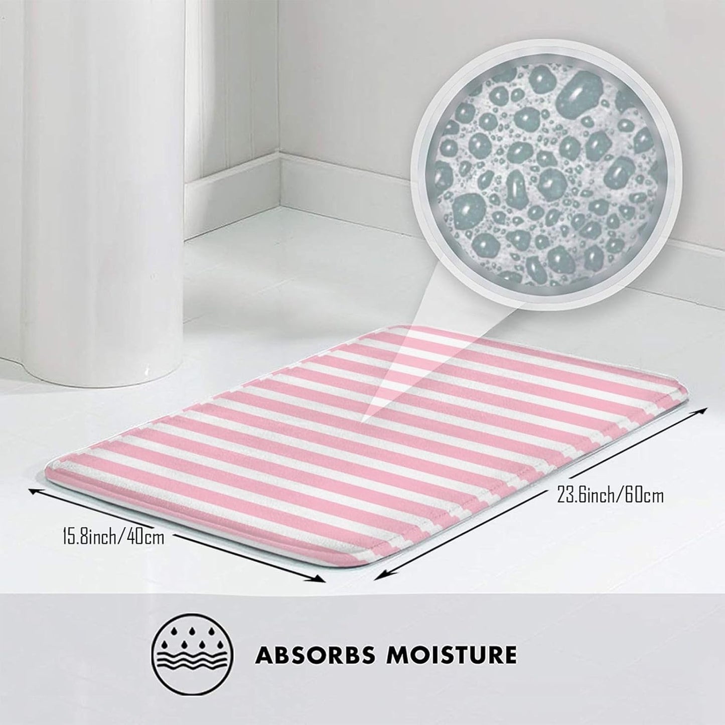Soft Pink and White Stripes Bath Mats for Bathroom Non Slip, Fluffy Absorbent Microfiber Bath Mat Washable, Aesthetic Bathroom Rugs, Bath Mat for Shower Sink 16x24 Inch