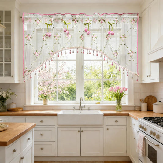 Romantic Floral Sheer Curtain Valance with Beaded Vintage Pink Tulip Embroidery Light Filtering Voile Window Valance for Kitchen Bathroom Bedroom Room Divider Rod Pocket Top 1 Panel W39 x L24 Inch