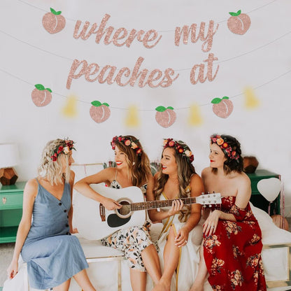 Peach Bachelorette Party Decorations, Rose Gold Where My Peaches at Banner, Funny Peach Garland for Summer Fruit Peach Bridal Shower Engagement Wedding Party Supplies