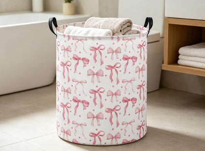 Girls Laundry Basket Pink Hamper for Nursery Bowkont Hamper Cute Storage Bin Organizer Room Decor for Home(Pink bowkont)