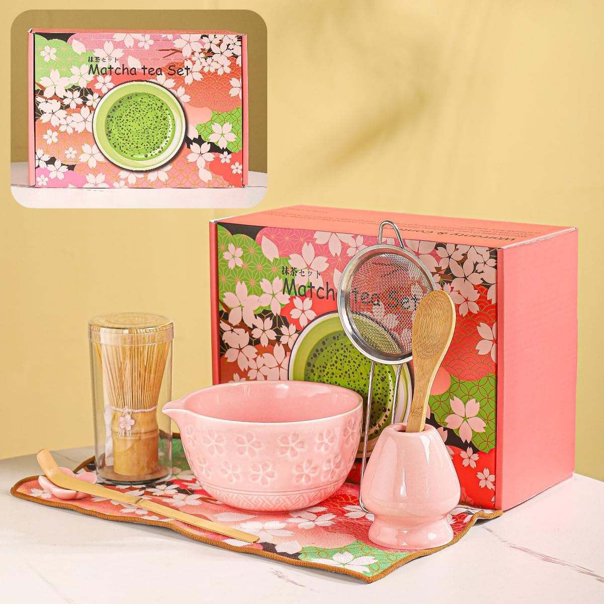 8-Piece Matcha Ceremony Set - Tea Kit with Cherry Blossom Bowl, Bamboo Whisk, Wood Scoops, Tea Cloth & Floral Display - Gift-Ready Pink Cherry color box (pink)