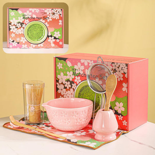 8-Piece Matcha Ceremony Set - Tea Kit with Cherry Blossom Bowl, Bamboo Whisk, Wood Scoops, Tea Cloth & Floral Display - Gift-Ready Pink Cherry color box (pink)