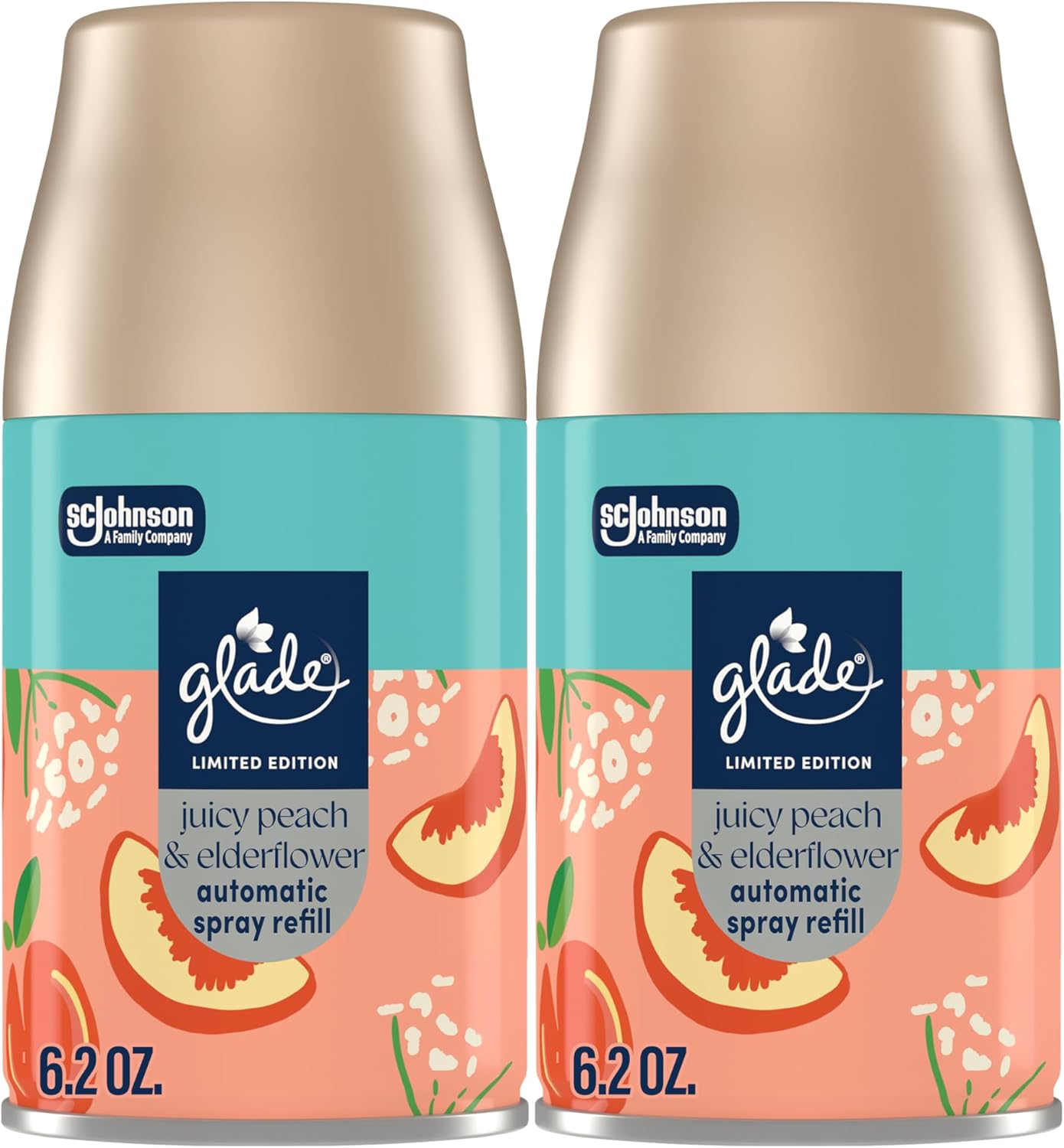 Glade Automatic Spray Refill, Juicy Peach & Elderflower, Scented Air Freshener for Home and Bathroom, 6.2 Oz, 2 Count