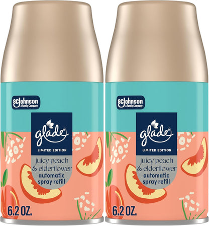 Glade Automatic Spray Refill, Juicy Peach & Elderflower, Scented Air Freshener for Home and Bathroom, 6.2 Oz, 2 Count