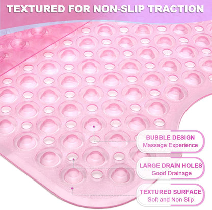 Bathtub and Shower Mats, 40x16 Inch Extra Large Non Slip Soft Bath Tub Mat with Suction Cups and Drain Holes for Bathroom Floor and Keep Tubs Clean, Machine Washable, Clear Pink