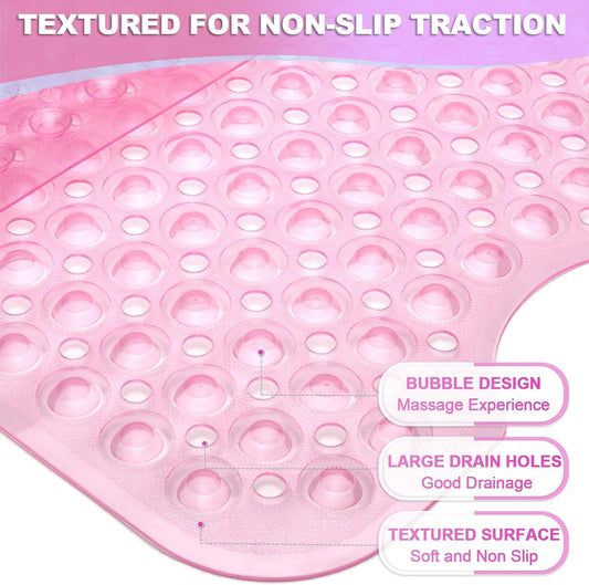 Bathtub and Shower Mats, 40x16 Inch Extra Large Non Slip Soft Bath Tub Mat with Suction Cups and Drain Holes for Bathroom Floor and Keep Tubs Clean, Machine Washable, Clear Pink