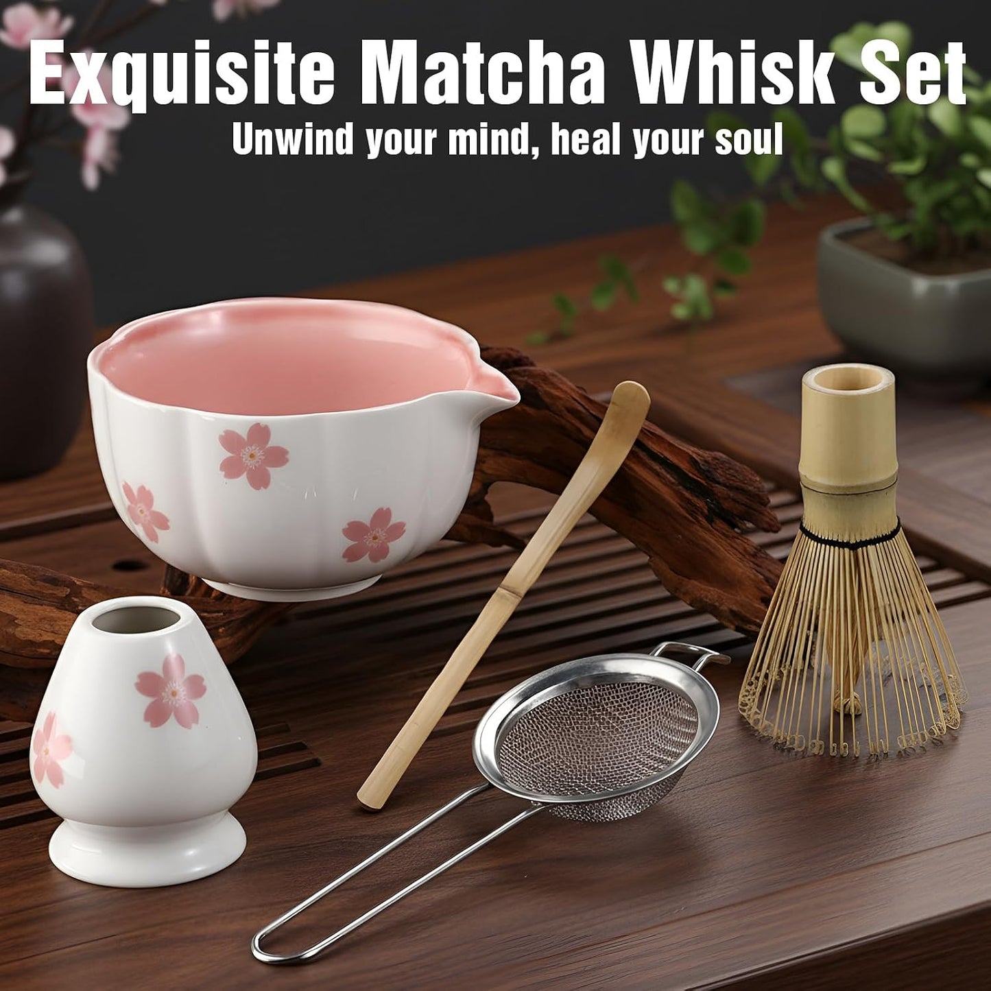 Vesici Matcha Whisk Set with Pink Sakura Bowl, Bamboo Whisk, Spoon, Chasen Holder, Stainless Steel Sifter, 5 Pcs Kit for Matcha Lovers Gift for Christmas, Birthday