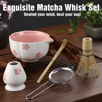 Vesici Matcha Whisk Set with Pink Sakura Bowl, Bamboo Whisk, Spoon, Chasen Holder, Stainless Steel Sifter, 5 Pcs Kit for Matcha Lovers Gift for Christmas, Birthday
