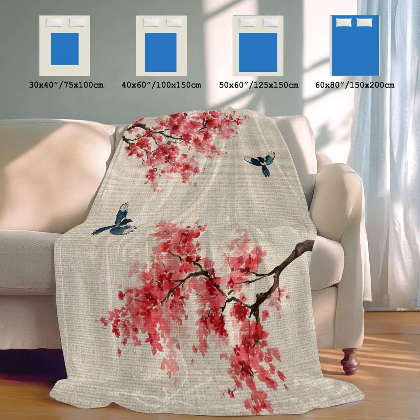 Cooling Throw Blanket 60"x80" for Adults Peach Blossoms Lightweight Breathable Bed Blanket for Hot Sleepers, Spring Summer Floral Birds Burlap Rustic Soft Summer Cool Blankets for Travel, Sofa, Couch