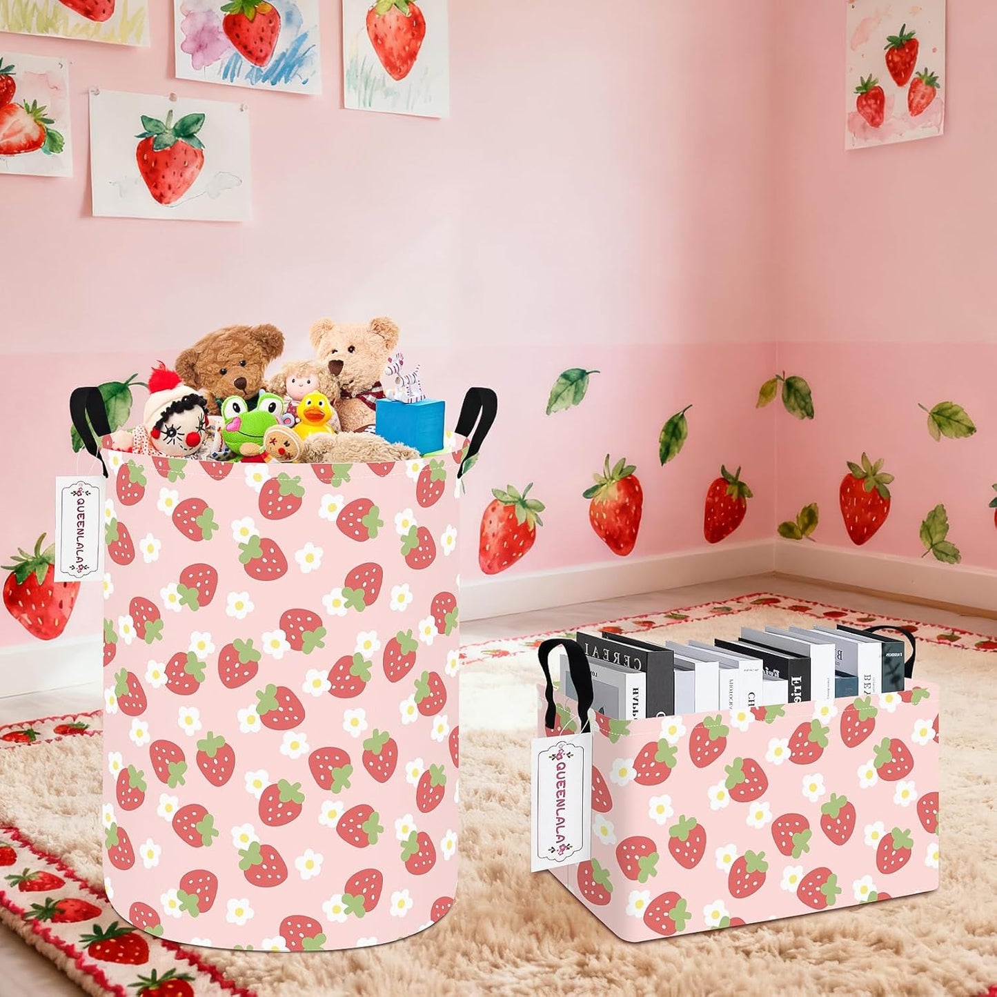 Round Waterproof laundry basket, Laundry Hamper for Nursery, Kids Toy Box Storage for Girls Boys, Diaper or plush toy gift basket, Foldable Fabric Basket(Round-Pink Strawberry)