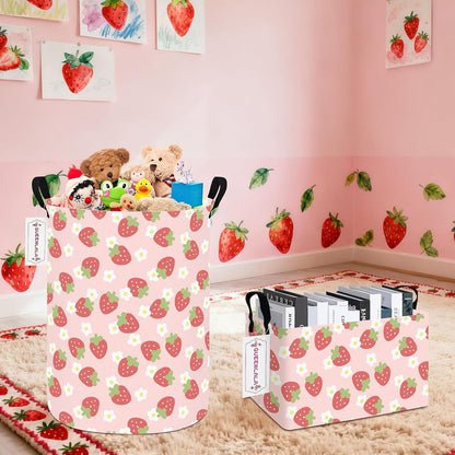 Round Waterproof laundry basket, Laundry Hamper for Nursery, Kids Toy Box Storage for Girls Boys, Diaper or plush toy gift basket, Foldable Fabric Basket(Round-Pink Strawberry)