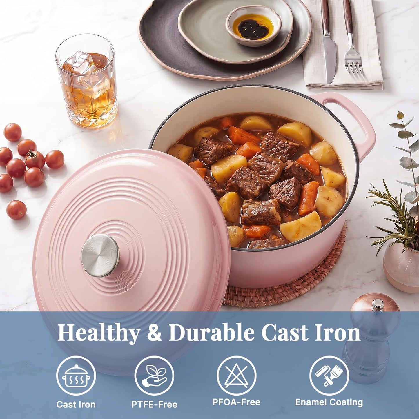 DUMOS 6 Quart Cast Iron Dutch Oven with Lid, Safe up to 500°F, Enamel Kitchen Pot with Round Dual Handles, Heavy Duty Cookware for Sourdough Bread, Braising, Stews, Roasting, Pink