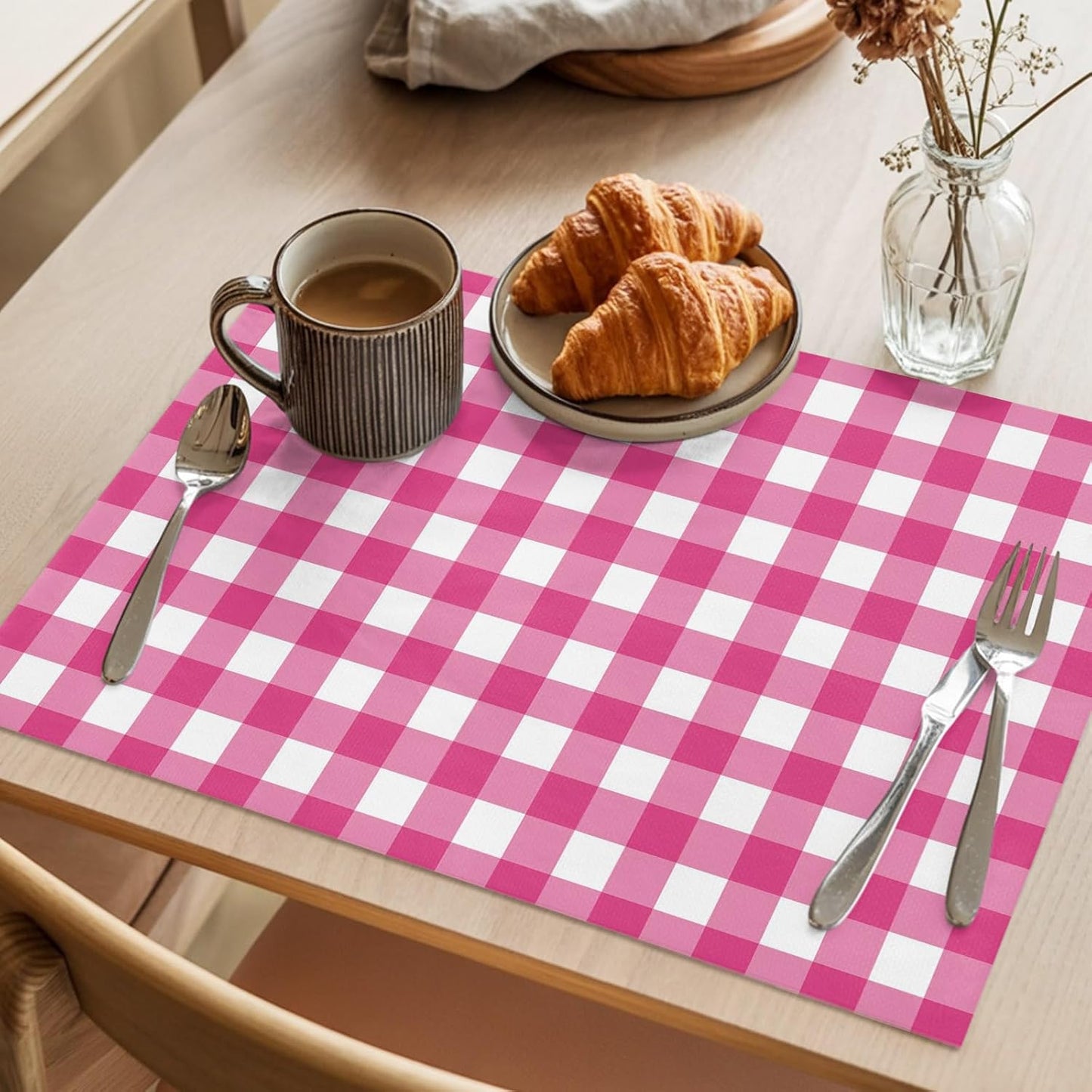 Peach Pink Checked Placemats Set of 4, Farmhouse Buffalo Plaid Country Grid Placemats for Dining Table, Place Mats for Kitchen Tabletop, Waterproof Wipeable Dining Table Mats Set