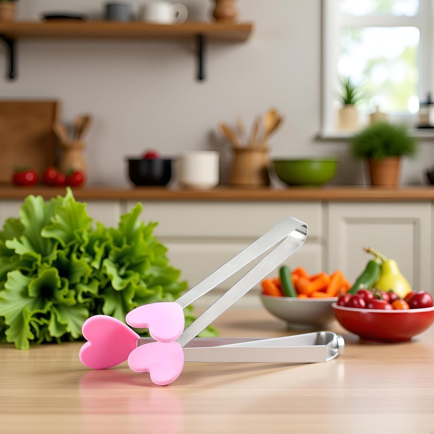 Pink Mini Hand Shape Tong Silicone Food Tongs Stainless Steel Kitchen Tongs Small Kids Tongs for Sugar Cubes, Serving Food, Salad Buffet Home and Kitchen (Heart Shape)