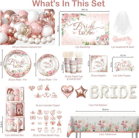 Cocomigo 330pcs Bride to Be Decorations, One-stop Set for 25 People, Includes 350gsm Plates Photo Props Cupcake Toppers Veil and Sash, Pink Bridal Shower Decorations for Female