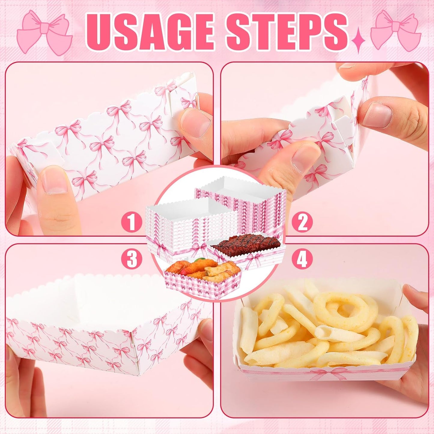 Blushtier 100 Pcs Pink Bow Food Trays Coquette Birthday Decorations Pink Paper Snack Food Boat Trays Bow Birthday Party Supplies for French Fries BBQ Picnic