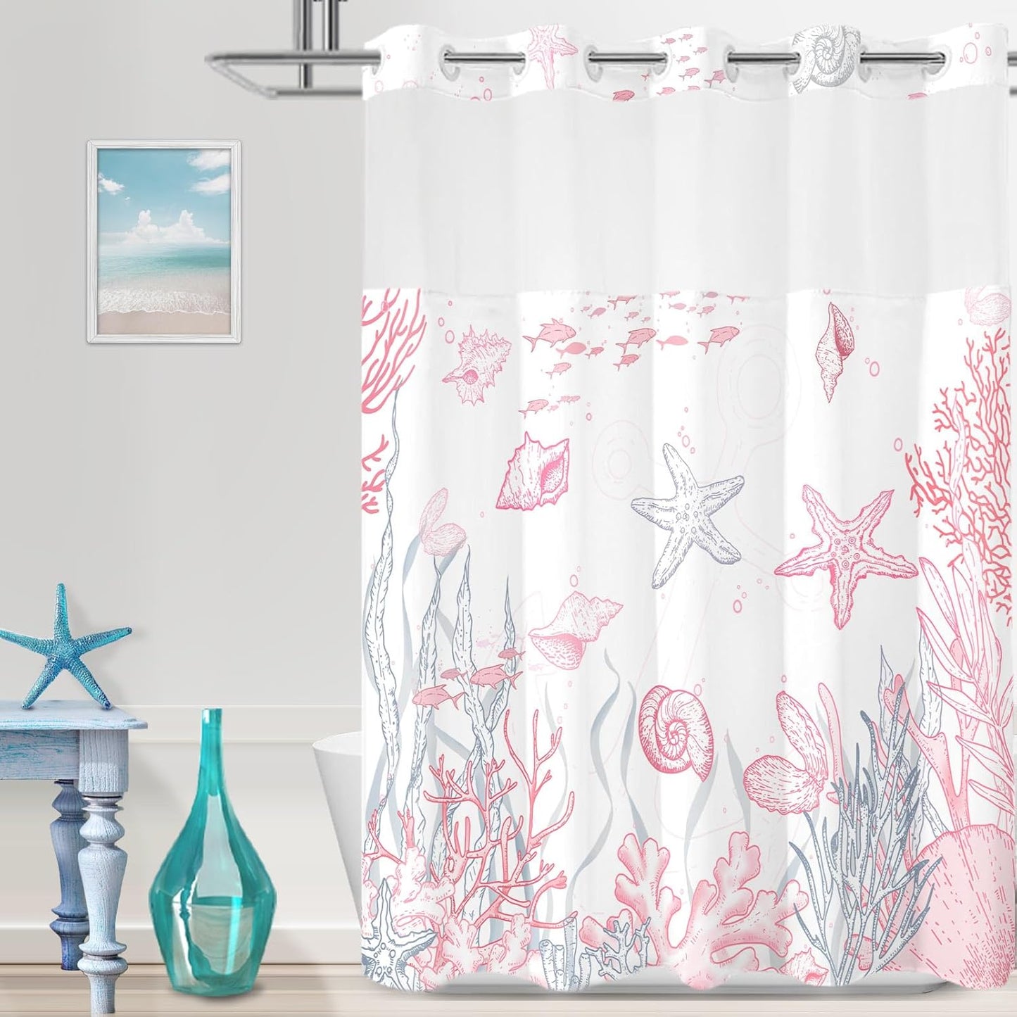 Extra Long No Hook Shower Curtain with Snap in Liner, Beach Ocean Nautical Coastal Shower Curtains and Liner Set for Bathroom, Seashell Fabric Bath Curtain, Waterproof Washable, Pink 71"x84"