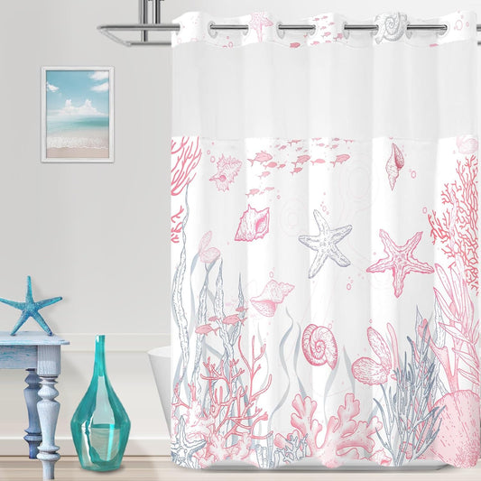 Extra Long No Hook Shower Curtain with Snap in Liner, Beach Ocean Nautical Coastal Shower Curtains and Liner Set for Bathroom, Seashell Fabric Bath Curtain, Waterproof Washable, Pink 71"x84"