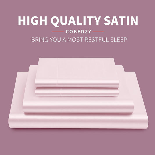 3 Pcs Blush Pink Satin Sheets Twin Size Soft Silky Satin Bedding Sheets Set with 1 Deep Pocket Fitted Sheet, 1 Flat Sheet, 1 Pillowcase