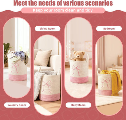 Pink Laundry Basket with Bow, Coquette Bow Laundry Basket - Tall Cotton Rope Nursery Storage Bin, Large Organizer for Blankets, for Kids, Toys & Clothes for Bedroom & Bathroom (Round-50L)