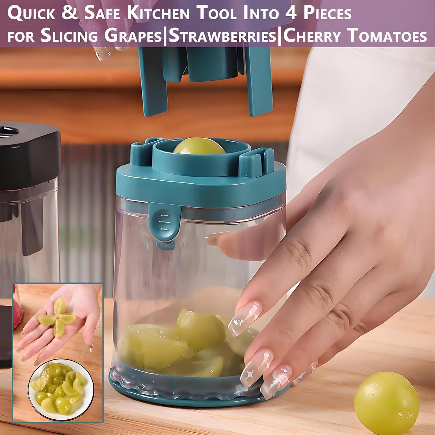 Grape Cutter for Toddlers Baby-Led Weaning — One Press Fruit Slicer Cup, 304 Stainless Steel Blades, Quarters Grapes Strawberries Cherry Tomatoes into 4 Pieces, Easy to Clean (Pink)