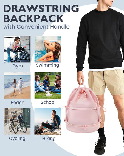 RHDZO Drawstring Backpack Sports Gym Bag with Shoe Compartment and Wet Pocket String Swim Bag for Women Men Beach Backpack, Pink