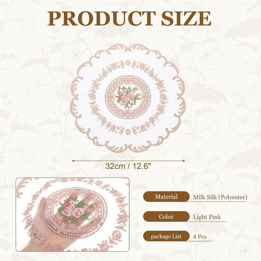uxcell 4Pcs Retro Lace Placemats, 12.6" Vintage Table Doilies Dining Table Place Mats Lace Embroidered Place Mats French Crochet Doilies for Wedding Home Kitchen Decoration, Light Pink