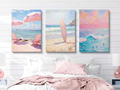 3 Pcs Coastal Wall Art Pink Beach Canvas Print Beach Aesthetic Wall Decor Summer Style ocean surfing poster for Bathroom Living Room Bedroom Girls Room Girls Dormitory Wall Decor 16 x 24in Canvas