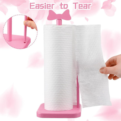 Leinuosen Pink Bow Paper Towel Holder Coquettish Cute Bow Wooden Paper Towel Holder Pink Bathroom Countertop Accessories Kitchen Roll Stand Organizer Standing Apartment Decor Housewarming Gift