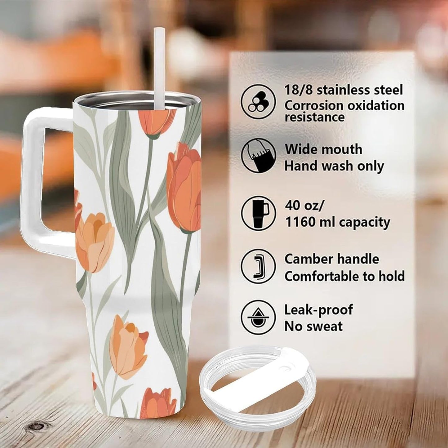40oz Tumbler with Handle, Peach Orange Tulip Leaf Pattern Printed Stainless Steel Travel Mug, Insulated Car Cup with Straw, Keeps Drinks Hot & Cold, Personalized Gift for Women & Men