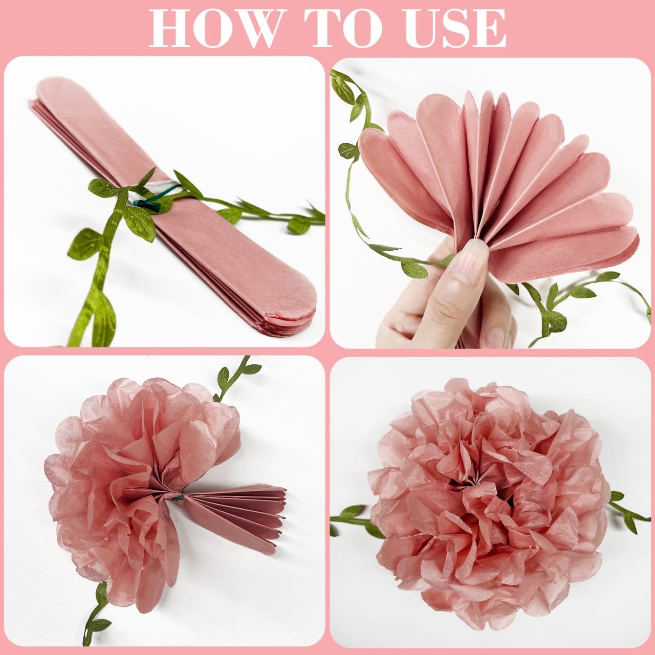 Dusty Pink Party Decorations Rose Gold Dusty Pink Beige Tissue Paper Flowers Pom Pom with Leaf Ribbon Hanging Garland Streamer for Birthday Baby Shower Wedding Bridal Shower Engagement Party Supplies