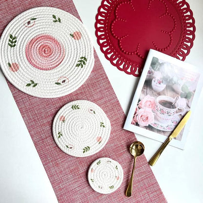 Round Placemats Fruit & Floral Pattern Rope Braided Place Mats Cute Fruit Table Mats,12 Inch,4-Piece Set (Peach,7inch/18cm)