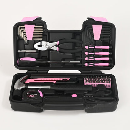 58 Piece Home Tool Set, General Household Hand Tool Kit with Plastic Toolbox Storage Case, All Purpose Household Tool Kit for Women, Girls and Ladies, Pink
